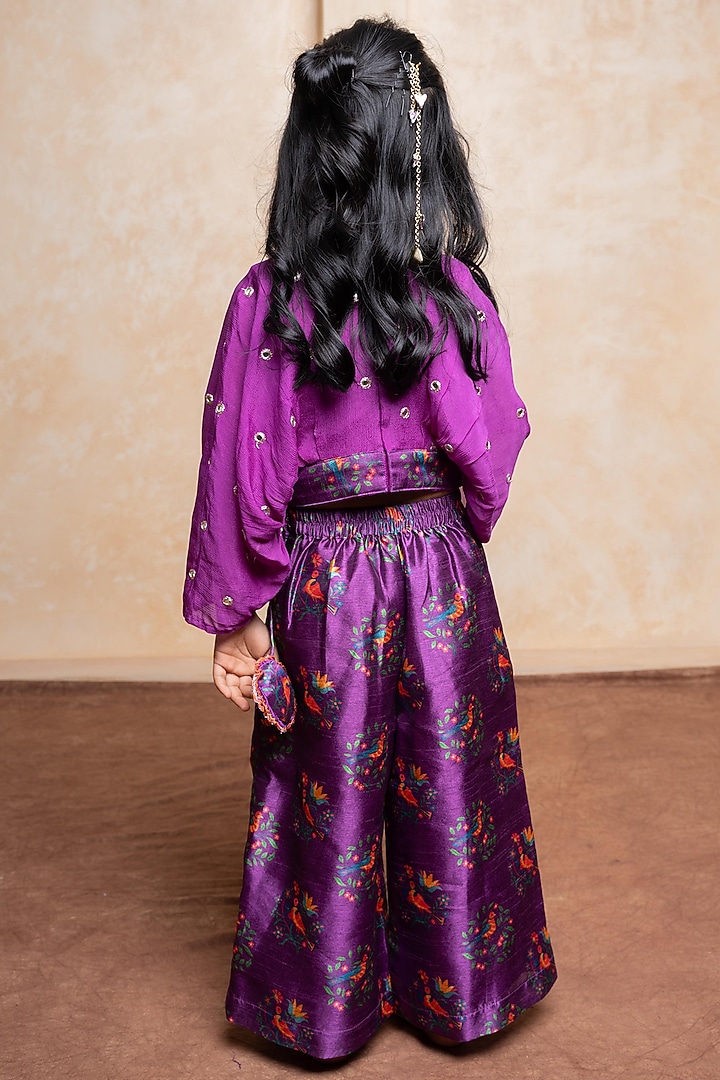Purple Silk & Chinnon Printed Palazzo Pants Set For Girls by Kirti Agarwal Pret n Couture at Pernia's Pop Up Shop