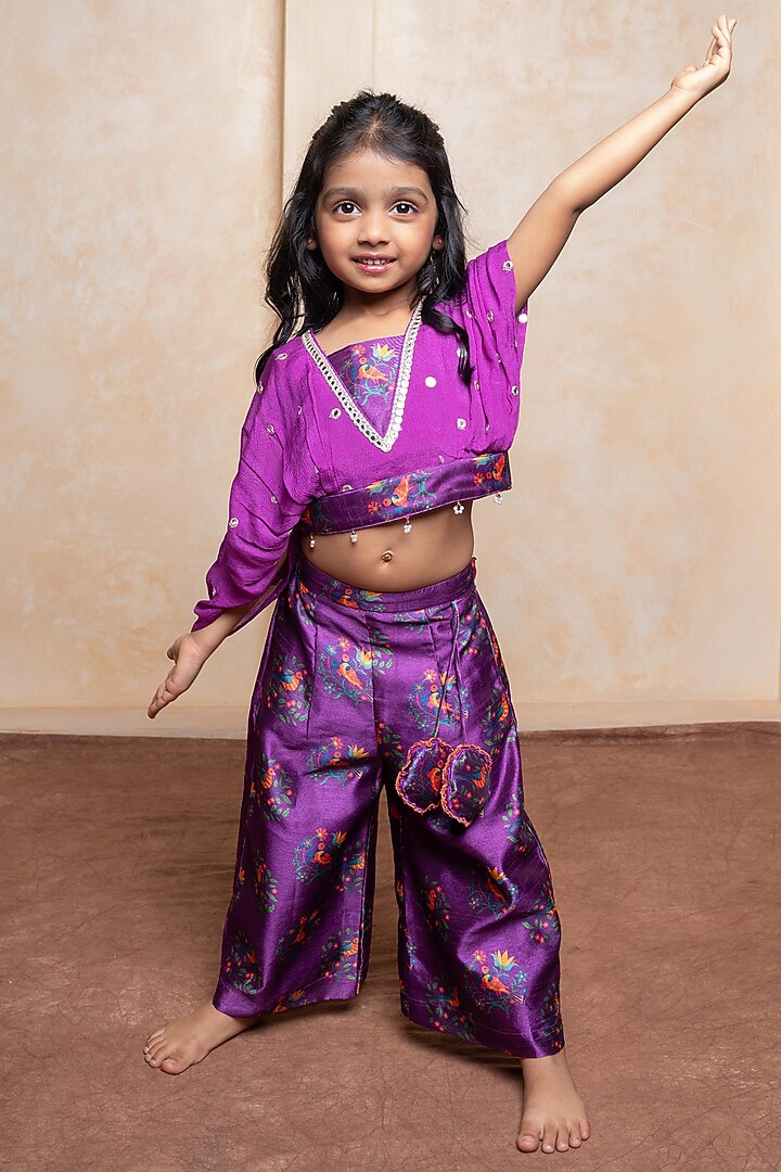 Purple Silk & Chinnon Printed Palazzo Pants Set For Girls by Kirti Agarwal Pret n Couture at Pernia's Pop Up Shop