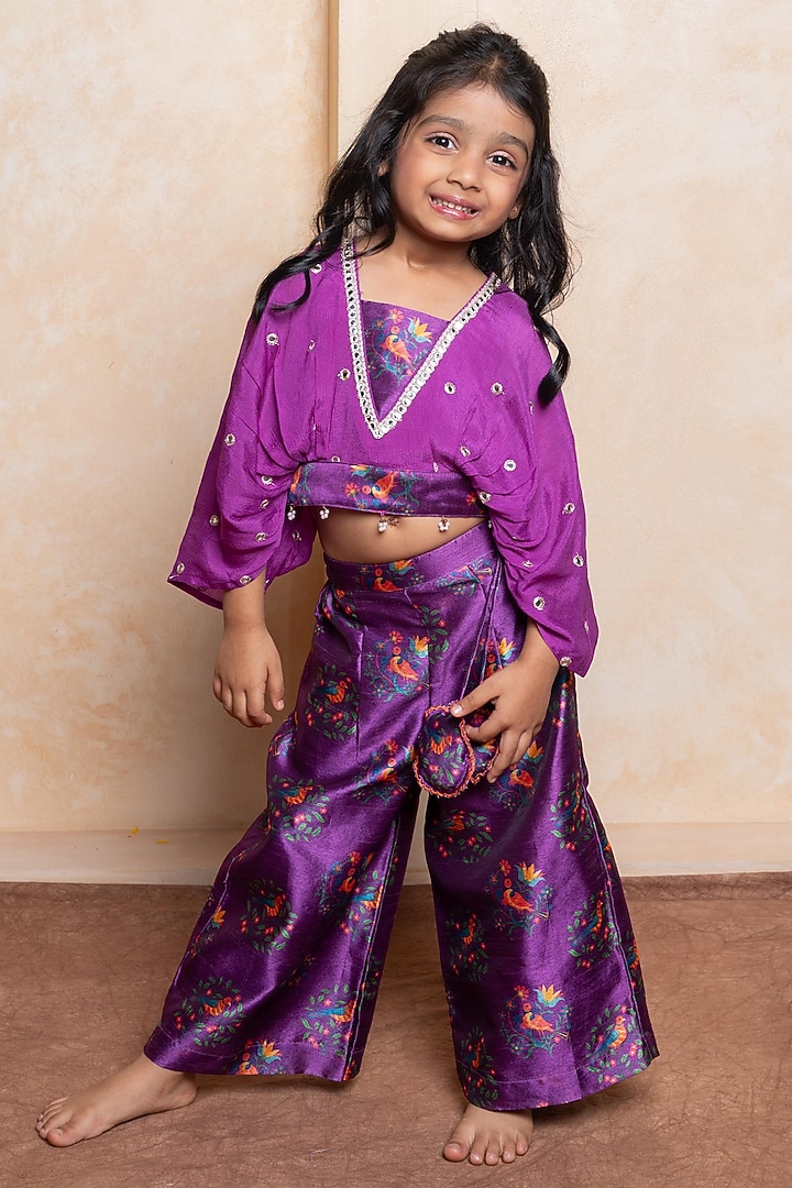 Purple Silk & Chinnon Printed Palazzo Pants Set For Girls by Kirti Agarwal Pret n Couture at Pernia's Pop Up Shop