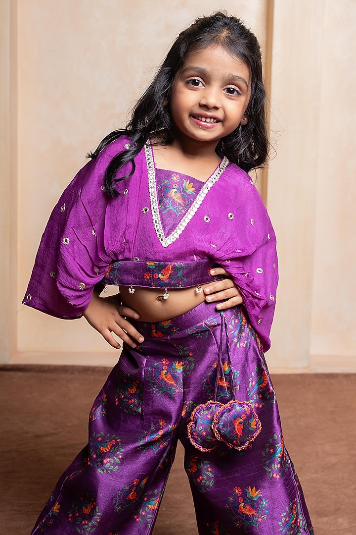 Purple Silk & Chinnon Printed Palazzo Pants Set For Girls by Kirti Agarwal Pret n Couture at Pernia's Pop Up Shop