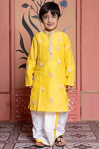 Yellow Mul Chanderi Embroidered Kurta Set For Boys by Kirti Agarwal Pret n Couture