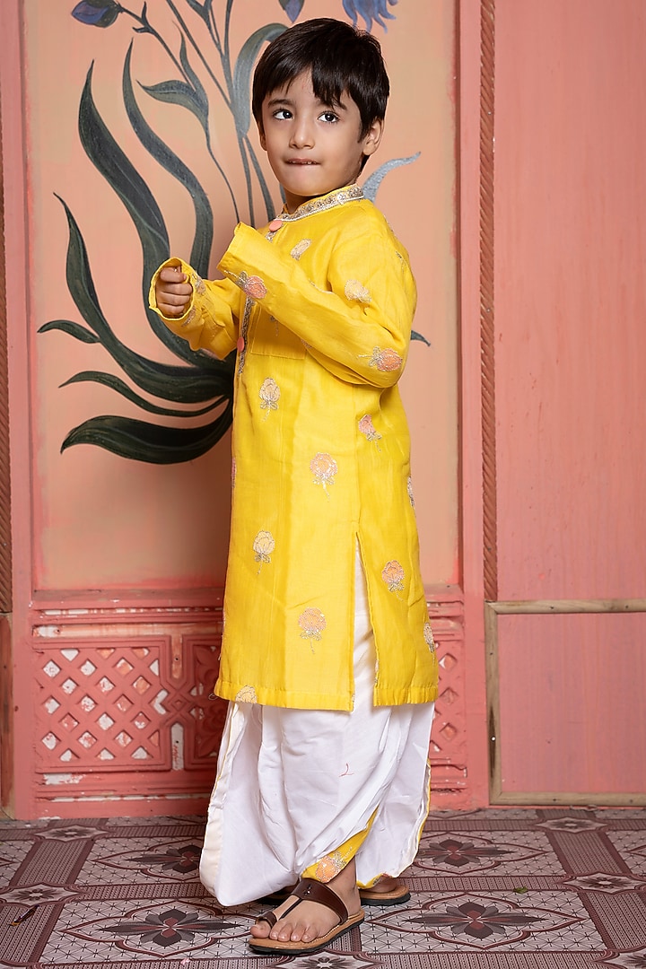 Yellow Mul Chanderi Embroidered Kurta Set For Boys by Kirti Agarwal Pret n Couture at Pernia's Pop Up Shop