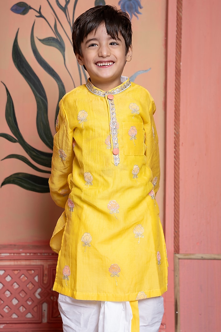 Yellow Mul Chanderi Embroidered Kurta Set For Boys by Kirti Agarwal Pret n Couture at Pernia's Pop Up Shop