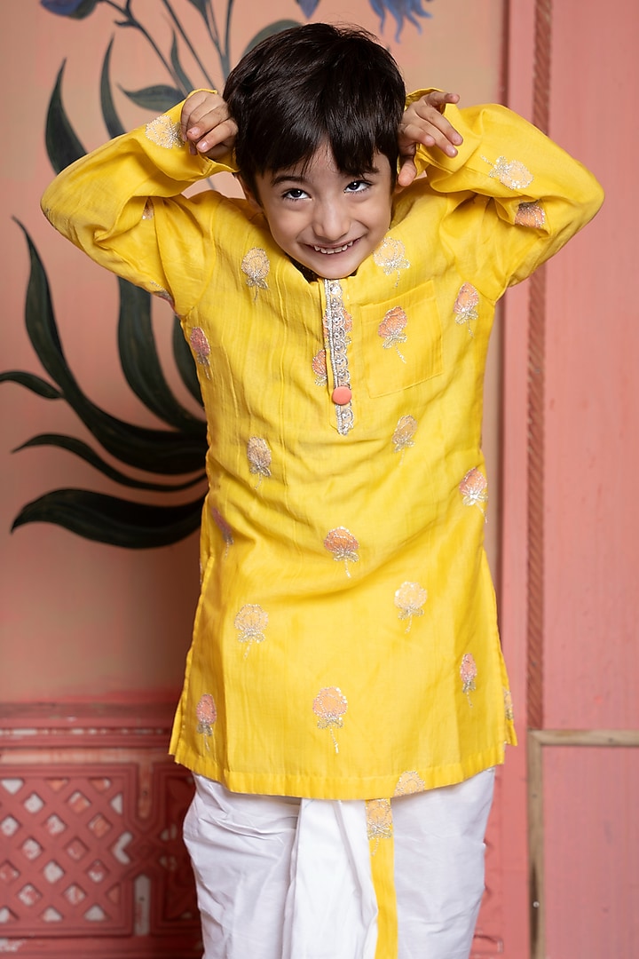 Yellow Mul Chanderi Embroidered Kurta Set For Boys by Kirti Agarwal Pret n Couture at Pernia's Pop Up Shop