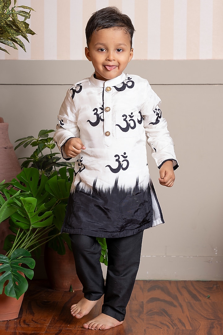 Beige Crepe Printed & Embellished Kurta Set For Boys by Kirti Agarwal Pret n Couture at Pernia's Pop Up Shop