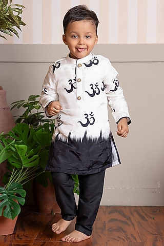 Beige Crepe Printed & Embellished Kurta Set For Boys by Kirti Agarwal Pret n Couture