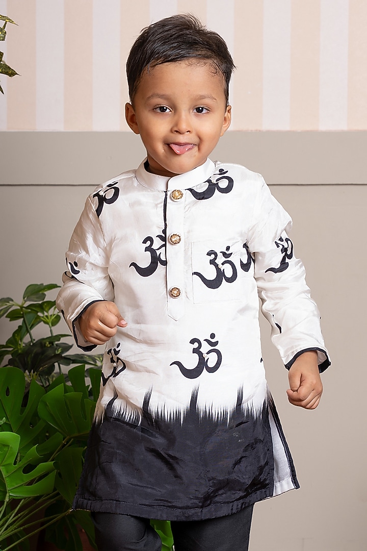 Beige Crepe Printed & Embellished Kurta Set For Boys by Kirti Agarwal Pret n Couture at Pernia's Pop Up Shop