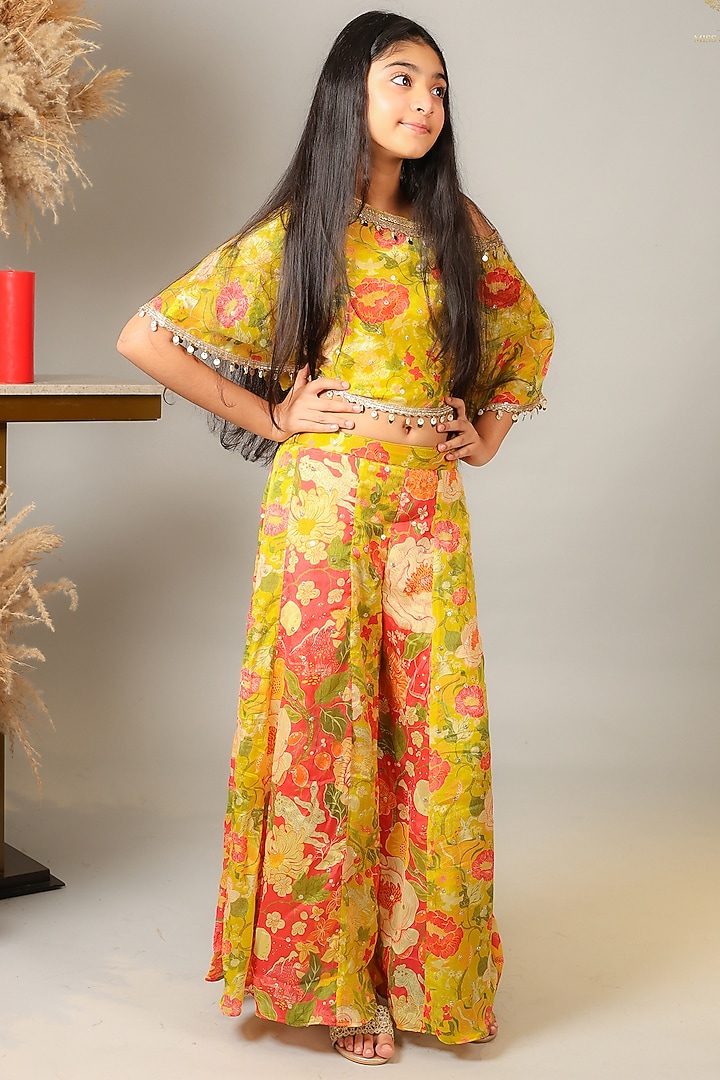 Multi-Colored Crepe Chiffon Printed & Embroidered Cape Set For Girls by Kirti Agarwal Pret n Couture at Pernia's Pop Up Shop