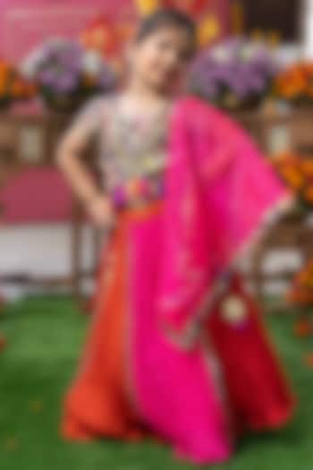 Pink & Orange Crushed Silk Embroidered Lehenga Set For Girls by Kirti Agarwal Pret n Couture at Pernia's Pop Up Shop