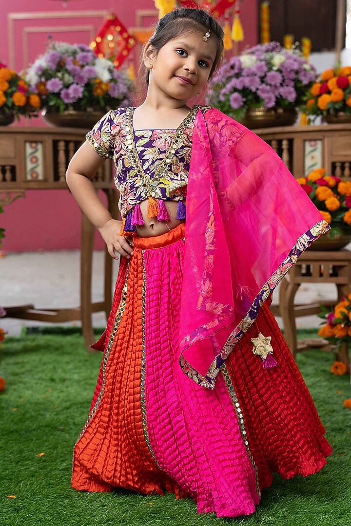 Pink & Orange Crushed Silk Embroidered Lehenga Set For Girls by Kirti Agarwal Pret n Couture at Pernia's Pop Up Shop