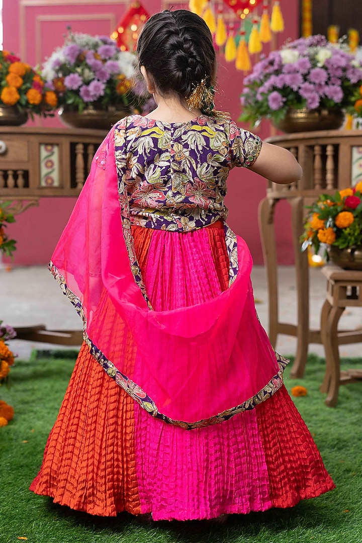 Pink & Orange Crushed Silk Embroidered Lehenga Set For Girls by Kirti Agarwal Pret n Couture at Pernia's Pop Up Shop
