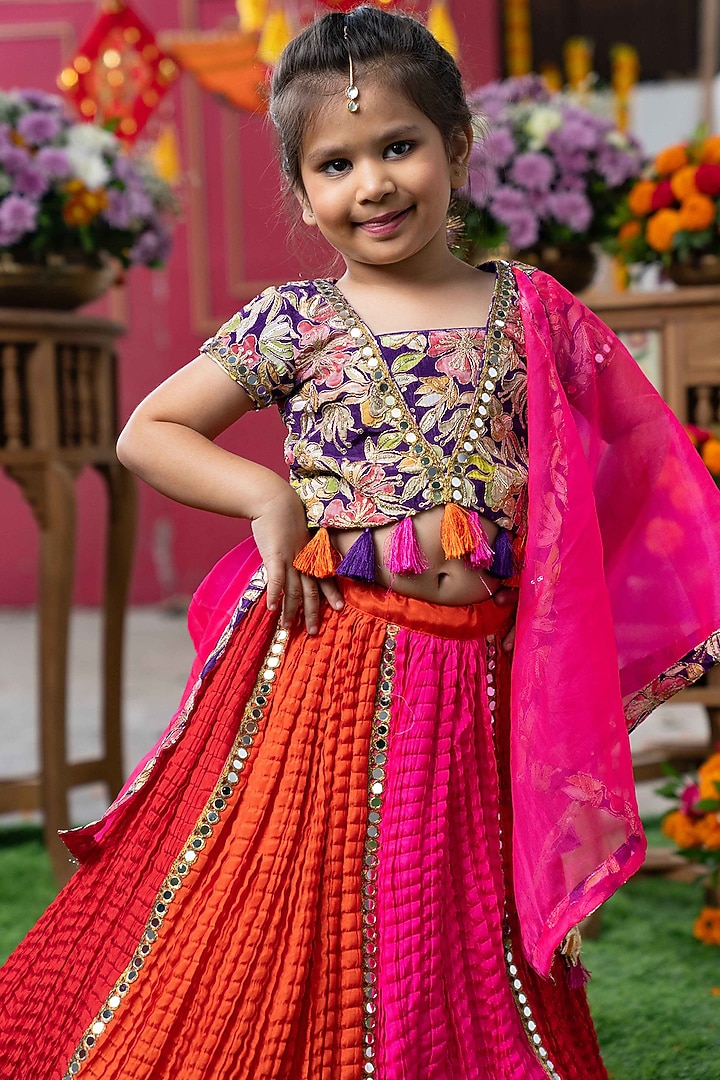 Pink & Orange Crushed Silk Embroidered Lehenga Set For Girls by Kirti Agarwal Pret n Couture at Pernia's Pop Up Shop