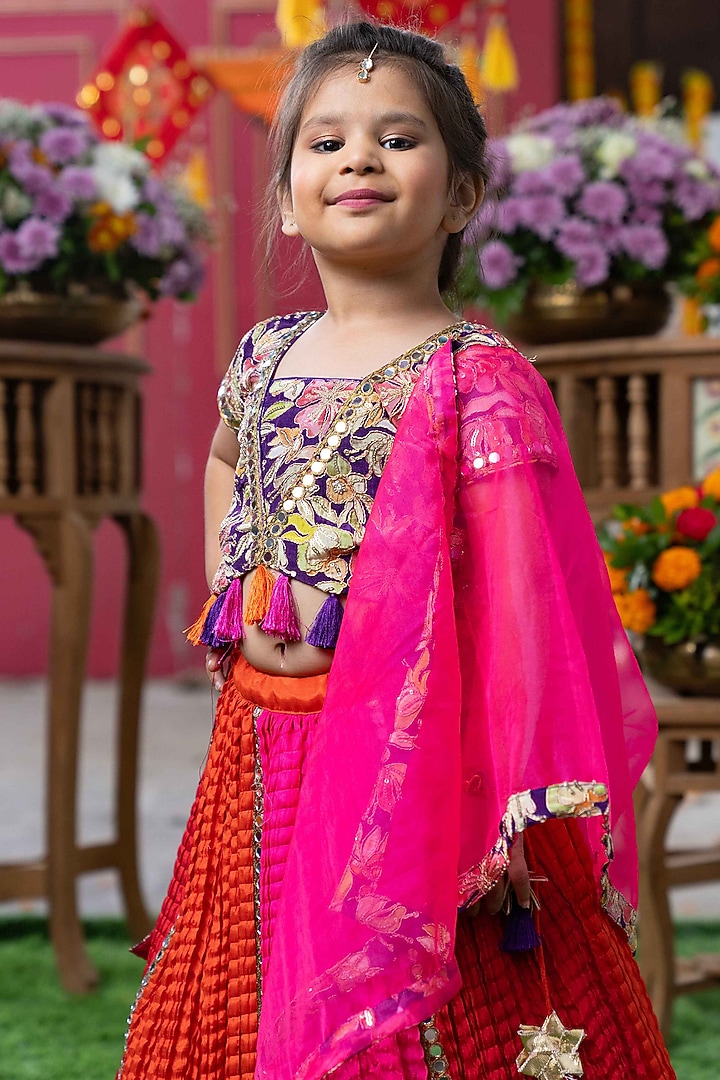 Pink & Orange Crushed Silk Embroidered Lehenga Set For Girls by Kirti Agarwal Pret n Couture at Pernia's Pop Up Shop