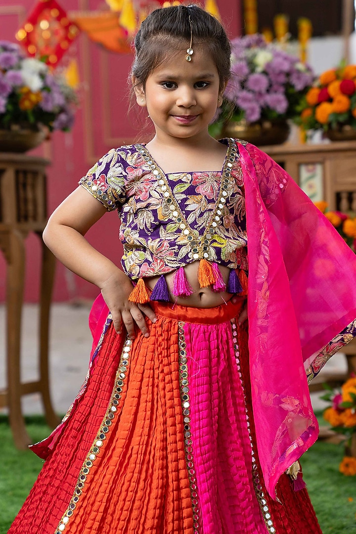 Pink & Orange Crushed Silk Embroidered Lehenga Set For Girls by Kirti Agarwal Pret n Couture at Pernia's Pop Up Shop