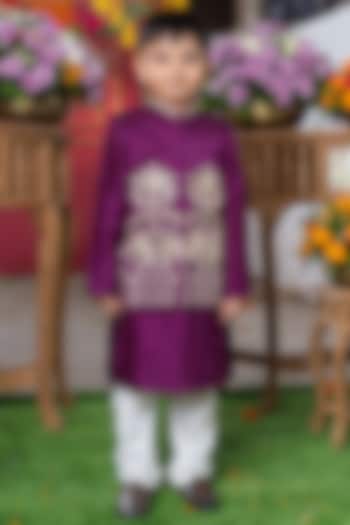 Deep Purple Dola Silk & Cotton Silk Embroidered Nehru Jacket Set For Boys by Kirti Agarwal Pret n Couture at Pernia's Pop Up Shop