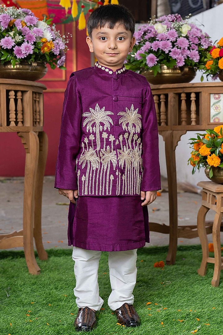 Deep Purple Dola Silk & Cotton Silk Embroidered Nehru Jacket Set For Boys by Kirti Agarwal Pret n Couture at Pernia's Pop Up Shop