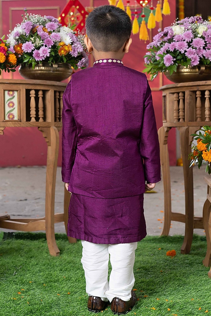 Deep Purple Dola Silk & Cotton Silk Embroidered Nehru Jacket Set For Boys by Kirti Agarwal Pret n Couture at Pernia's Pop Up Shop