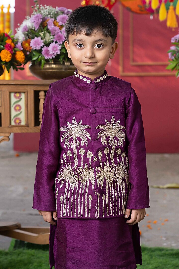 Deep Purple Dola Silk & Cotton Silk Embroidered Nehru Jacket Set For Boys by Kirti Agarwal Pret n Couture at Pernia's Pop Up Shop