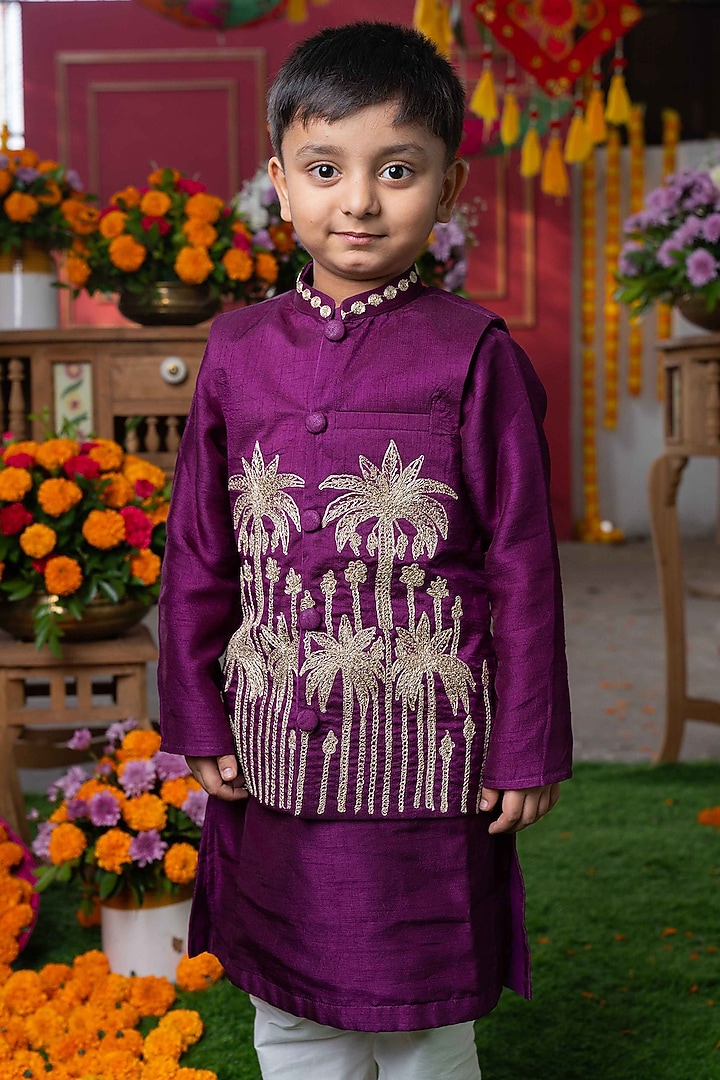 Deep Purple Dola Silk & Cotton Silk Embroidered Nehru Jacket Set For Boys by Kirti Agarwal Pret n Couture at Pernia's Pop Up Shop