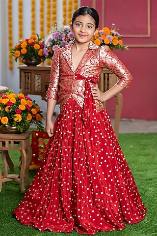 Red Pure Brocade Silk Lehenga Set For Girls by Kirti Agarwal Pret n Couture