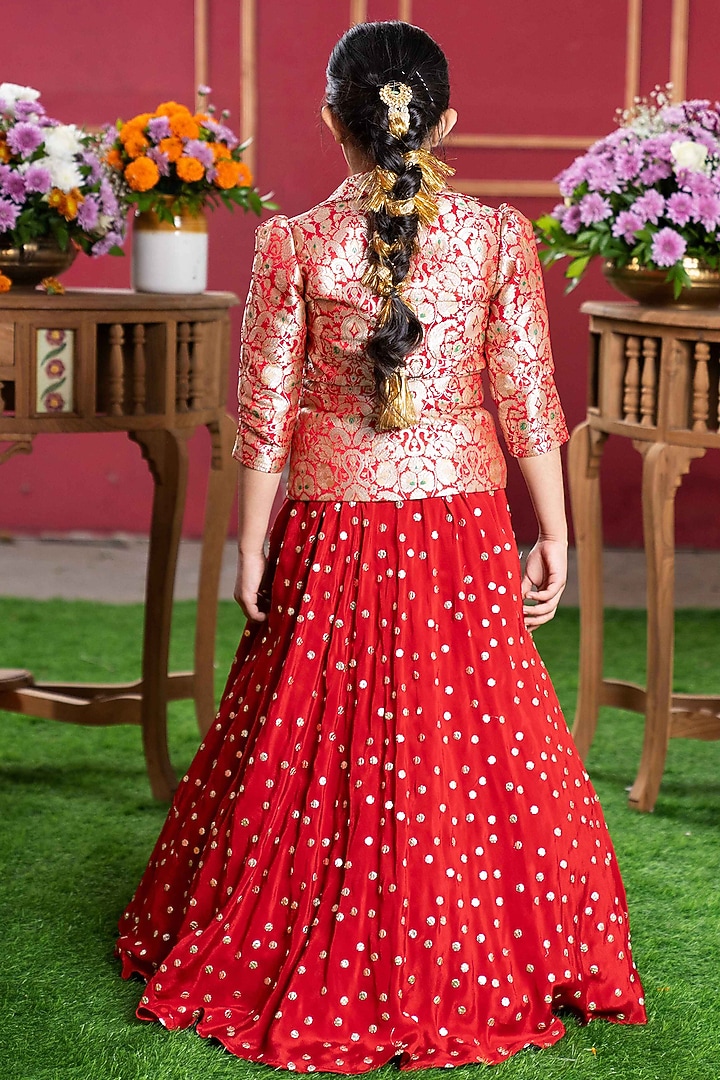 Red Pure Brocade Silk Lehenga Set For Girls by Kirti Agarwal Pret n Couture at Pernia's Pop Up Shop