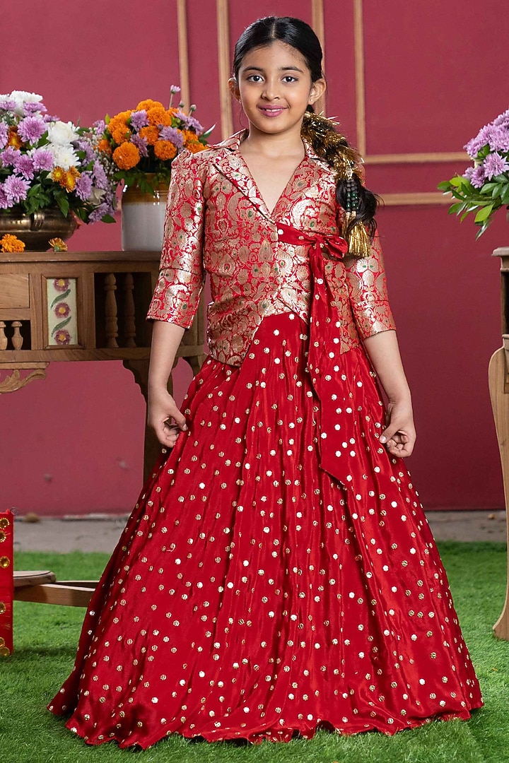 Red Pure Brocade Silk Lehenga Set For Girls by Kirti Agarwal Pret n Couture at Pernia's Pop Up Shop