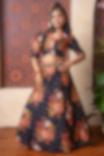 Black Dola Silk Floral Printed Lehenga Set For Girls by Kirti Agarwal Pret n Couture at Pernia's Pop Up Shop