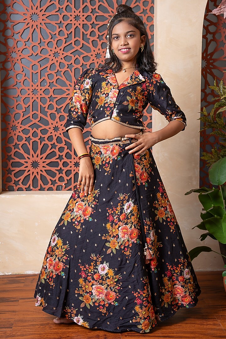 Black Dola Silk Floral Printed Lehenga Set For Girls by Kirti Agarwal Pret n Couture at Pernia's Pop Up Shop