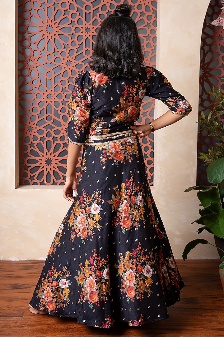 Black Dola Silk Floral Printed Lehenga Set For Girls by Kirti Agarwal Pret n Couture at Pernia's Pop Up Shop