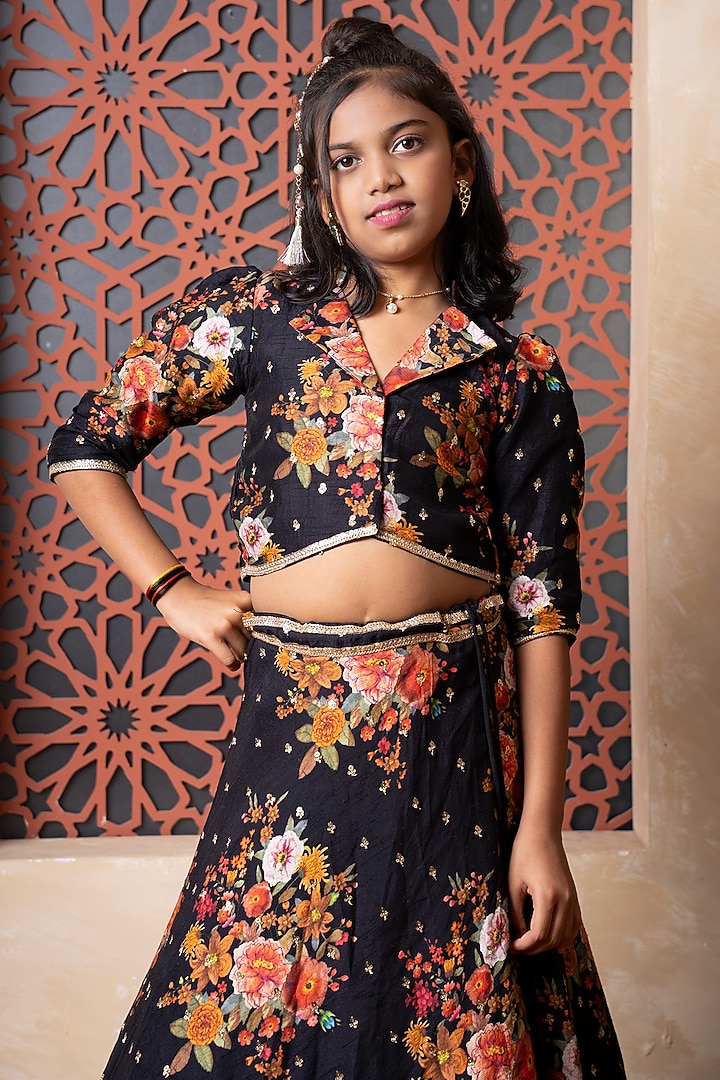 Black Dola Silk Floral Printed Lehenga Set For Girls by Kirti Agarwal Pret n Couture at Pernia's Pop Up Shop