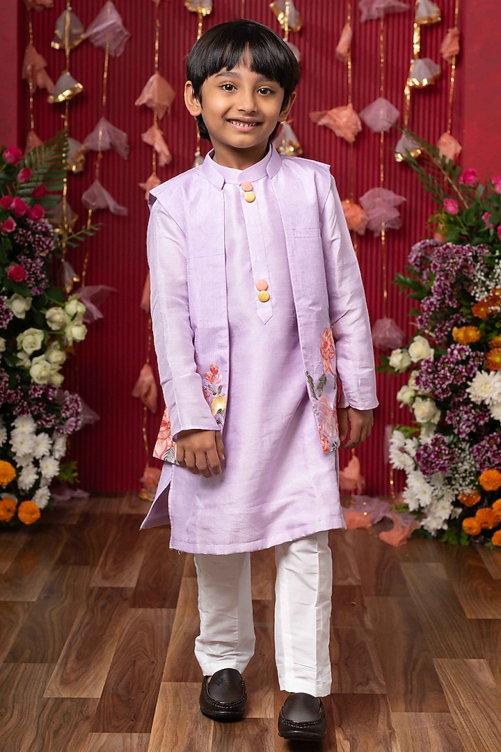 Lavender & White Dola Silk Indo-Western Set For Boys by Kirti Agarwal Pret n Couture at Pernia's Pop Up Shop