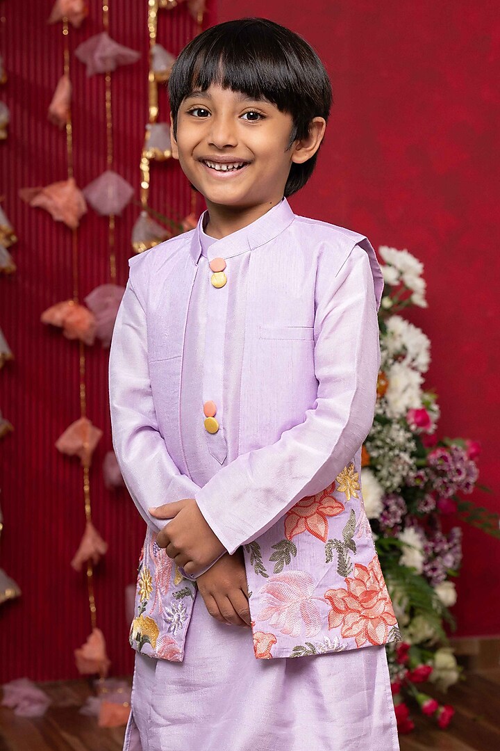 Lavender & White Dola Silk Indo-Western Set For Boys by Kirti Agarwal Pret n Couture at Pernia's Pop Up Shop
