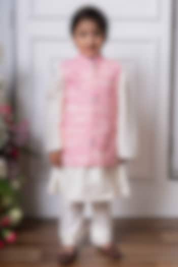 Pink & White Spun Silk Nehru Jacket Set For Boys by Kirti Agarwal Pret n Couture at Pernia's Pop Up Shop
