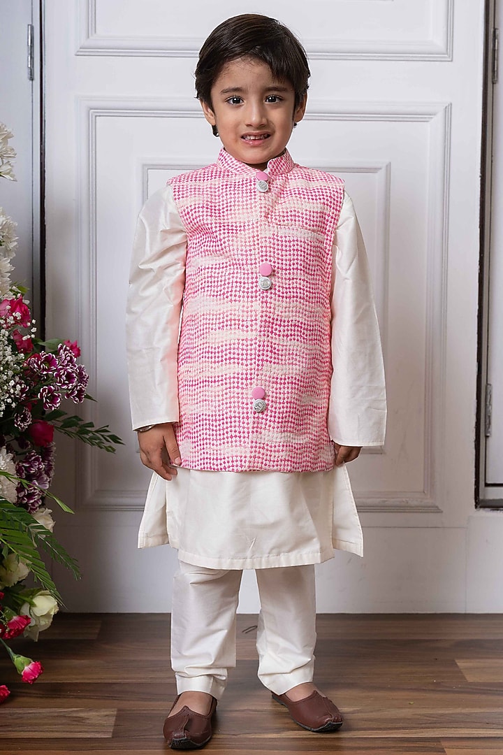Pink & White Spun Silk Nehru Jacket Set For Boys by Kirti Agarwal Pret n Couture at Pernia's Pop Up Shop