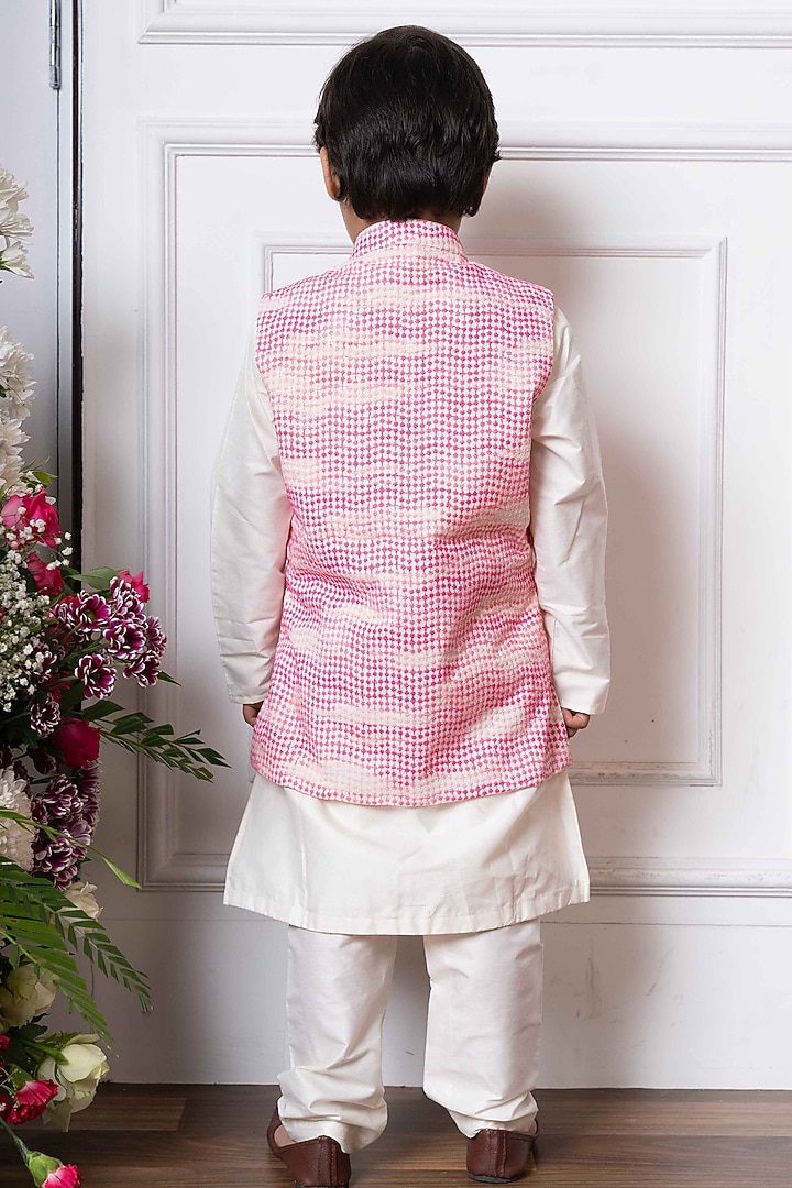 Pink & White Spun Silk Nehru Jacket Set For Boys by Kirti Agarwal Pret n Couture at Pernia's Pop Up Shop