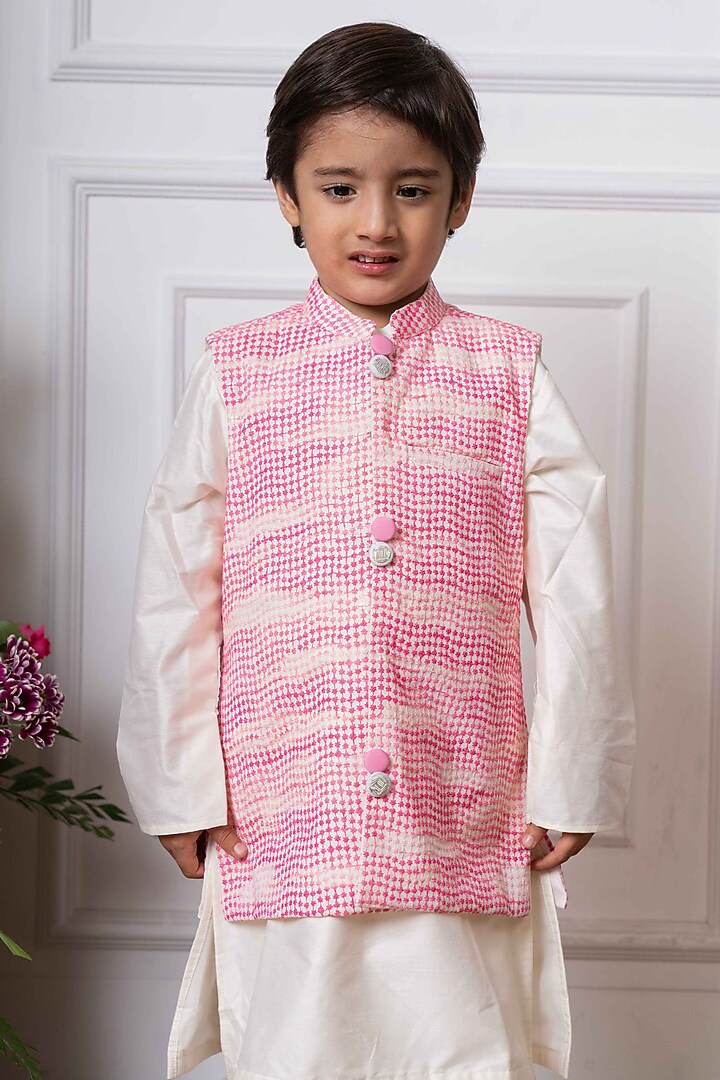 Pink & White Spun Silk Nehru Jacket Set For Boys by Kirti Agarwal Pret n Couture at Pernia's Pop Up Shop