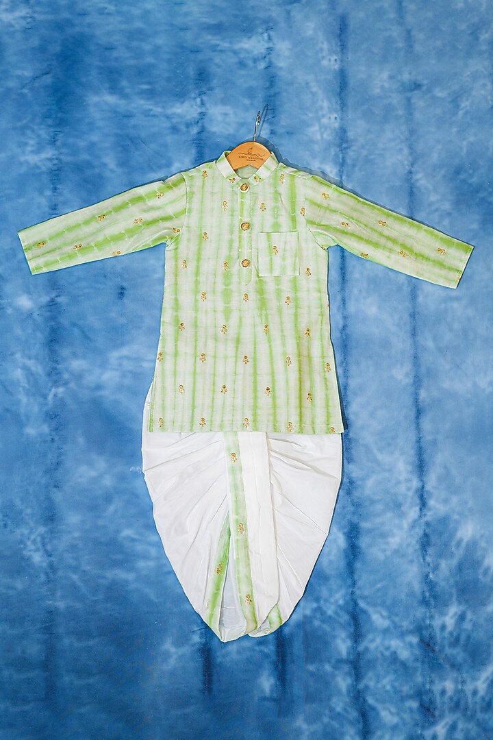 Green & White Chanderi Silk Striped Kurta Set For Boys by Kirti Agarwal Pret n Couture at Pernia's Pop Up Shop