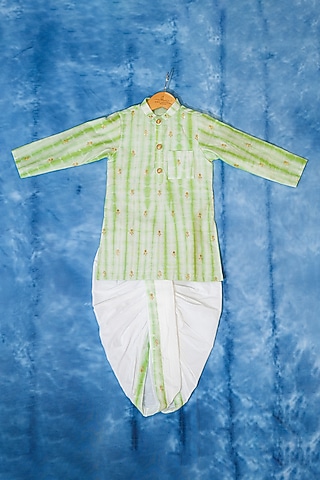 Green & White Chanderi Silk Striped Kurta Set For Boys by Kirti Agarwal Pret n Couture