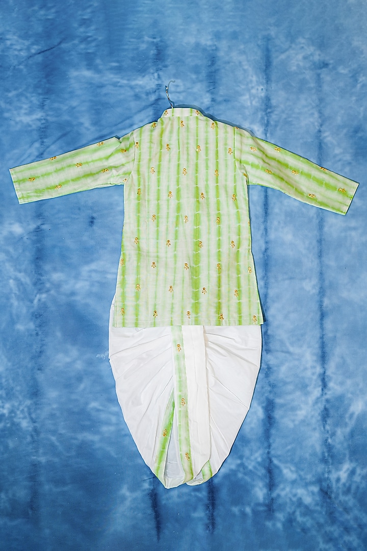 Green & White Chanderi Silk Striped Kurta Set For Boys by Kirti Agarwal Pret n Couture at Pernia's Pop Up Shop