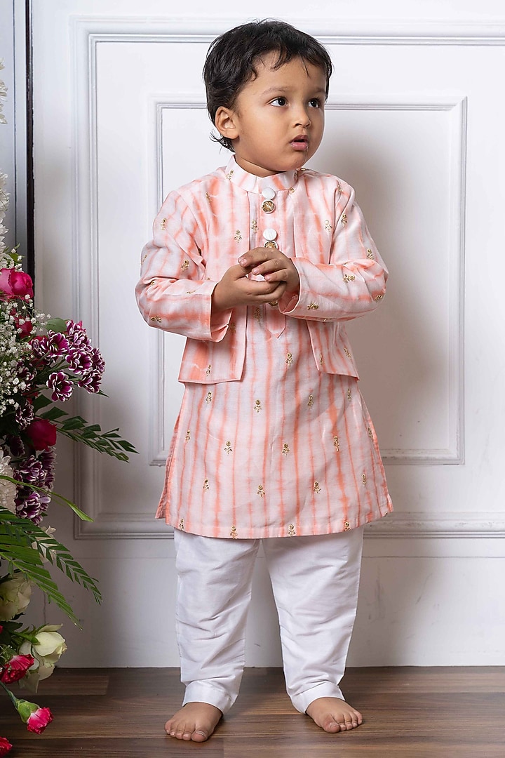 Peach & White Chanderi Silk Striped Kurta Set For Boys by Kirti Agarwal Pret n Couture at Pernia's Pop Up Shop