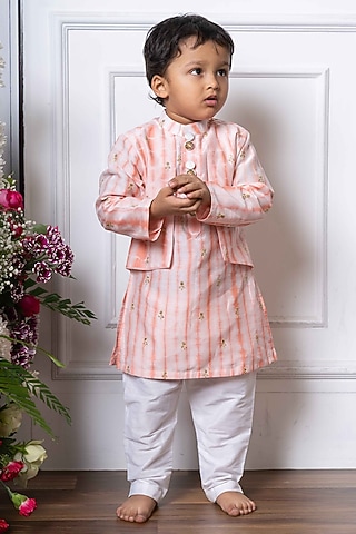 Peach & White Chanderi Silk Striped Kurta Set For Boys by Kirti Agarwal Pret n Couture