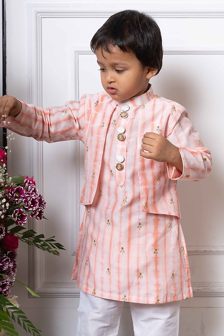 Peach & White Chanderi Silk Striped Kurta Set For Boys by Kirti Agarwal Pret n Couture at Pernia's Pop Up Shop