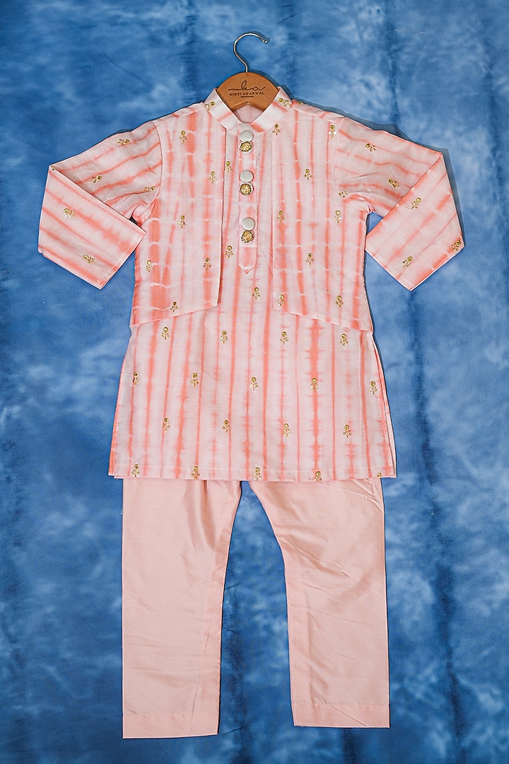 Peach & White Chanderi Silk Striped Kurta Set For Boys by Kirti Agarwal Pret n Couture at Pernia's Pop Up Shop