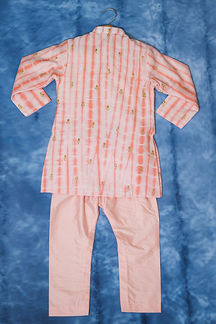 Peach & White Chanderi Silk Striped Kurta Set For Boys by Kirti Agarwal Pret n Couture at Pernia's Pop Up Shop