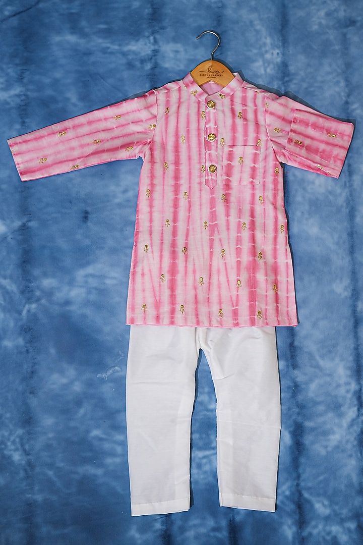 Blush Pink & White Chanderi Silk Striped Kurta Set For Boys by Kirti Agarwal Pret n Couture at Pernia's Pop Up Shop