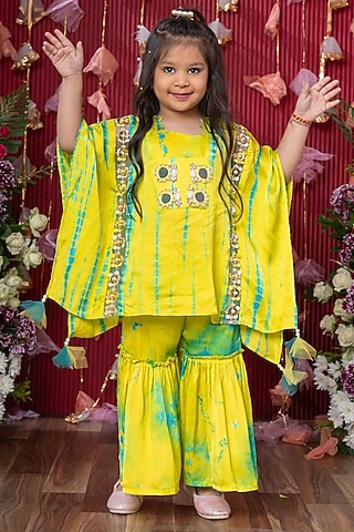 Yellow & Green Chanderi Silk Printed Sharara Set For Girls by Kirti Agarwal Pret n Couture