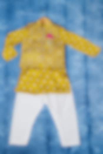 Yellow Modal Satin Nehru Jacket Set For Boys by Kirti Agarwal Pret n Couture at Pernia's Pop Up Shop
