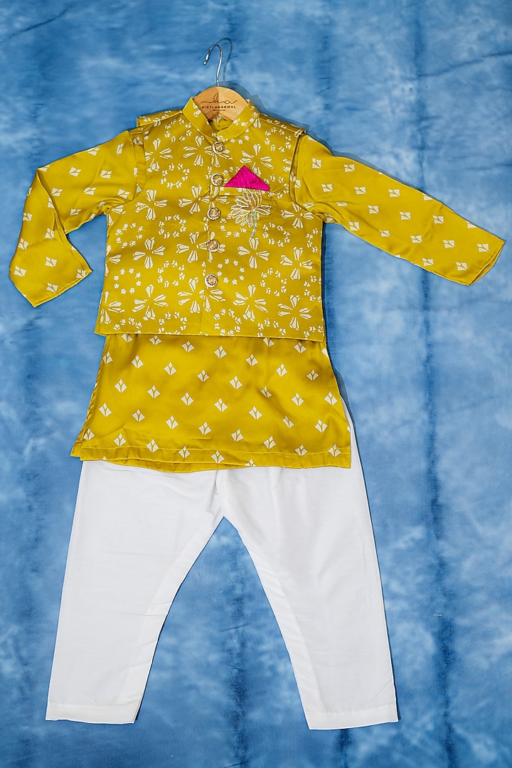 Yellow Modal Satin Nehru Jacket Set For Boys by Kirti Agarwal Pret n Couture at Pernia's Pop Up Shop