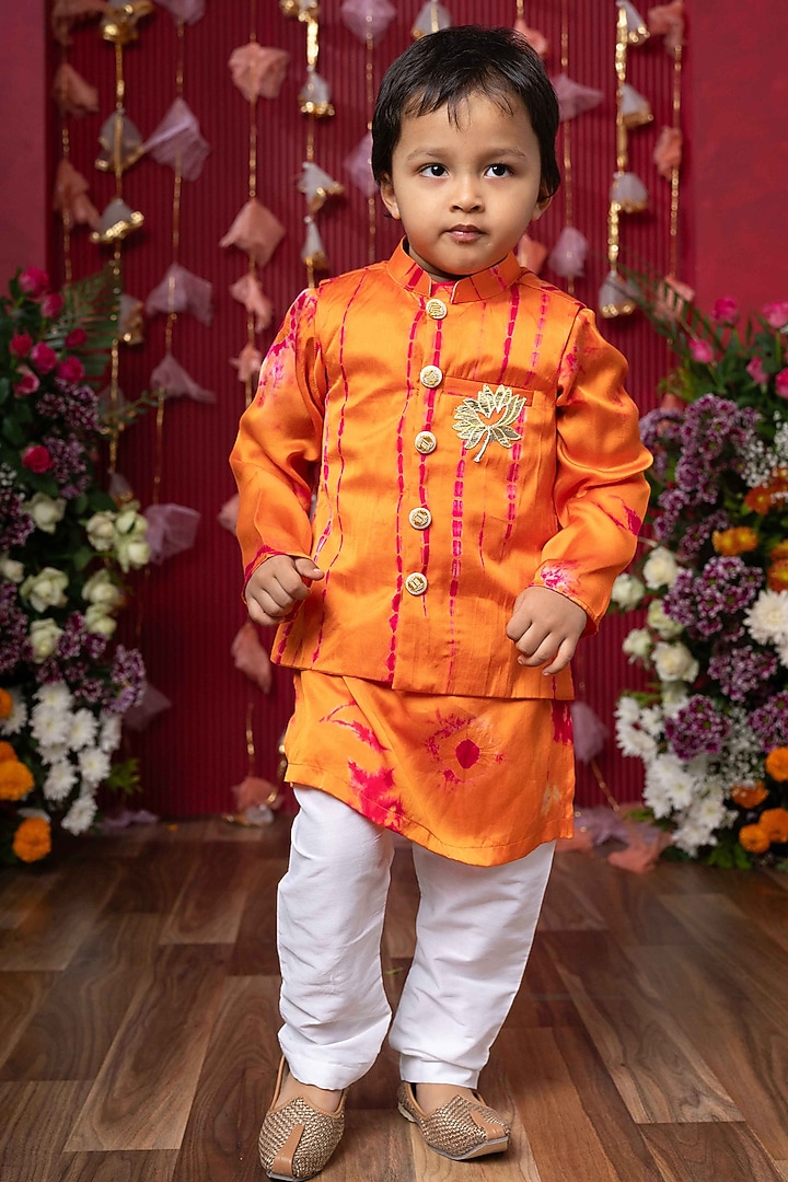 Orange Modal Satin Tie-Dye Nehru Jacket Set For Boys by Kirti Agarwal Pret n Couture at Pernia's Pop Up Shop