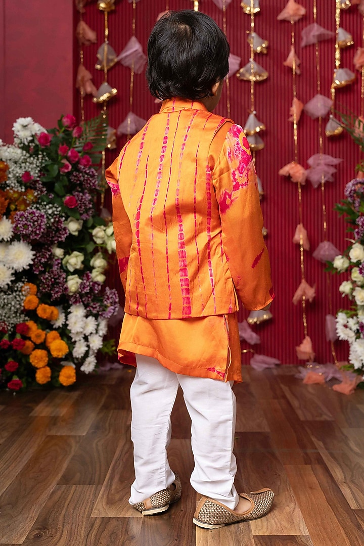 Orange Modal Satin Tie-Dye Nehru Jacket Set For Boys by Kirti Agarwal Pret n Couture at Pernia's Pop Up Shop